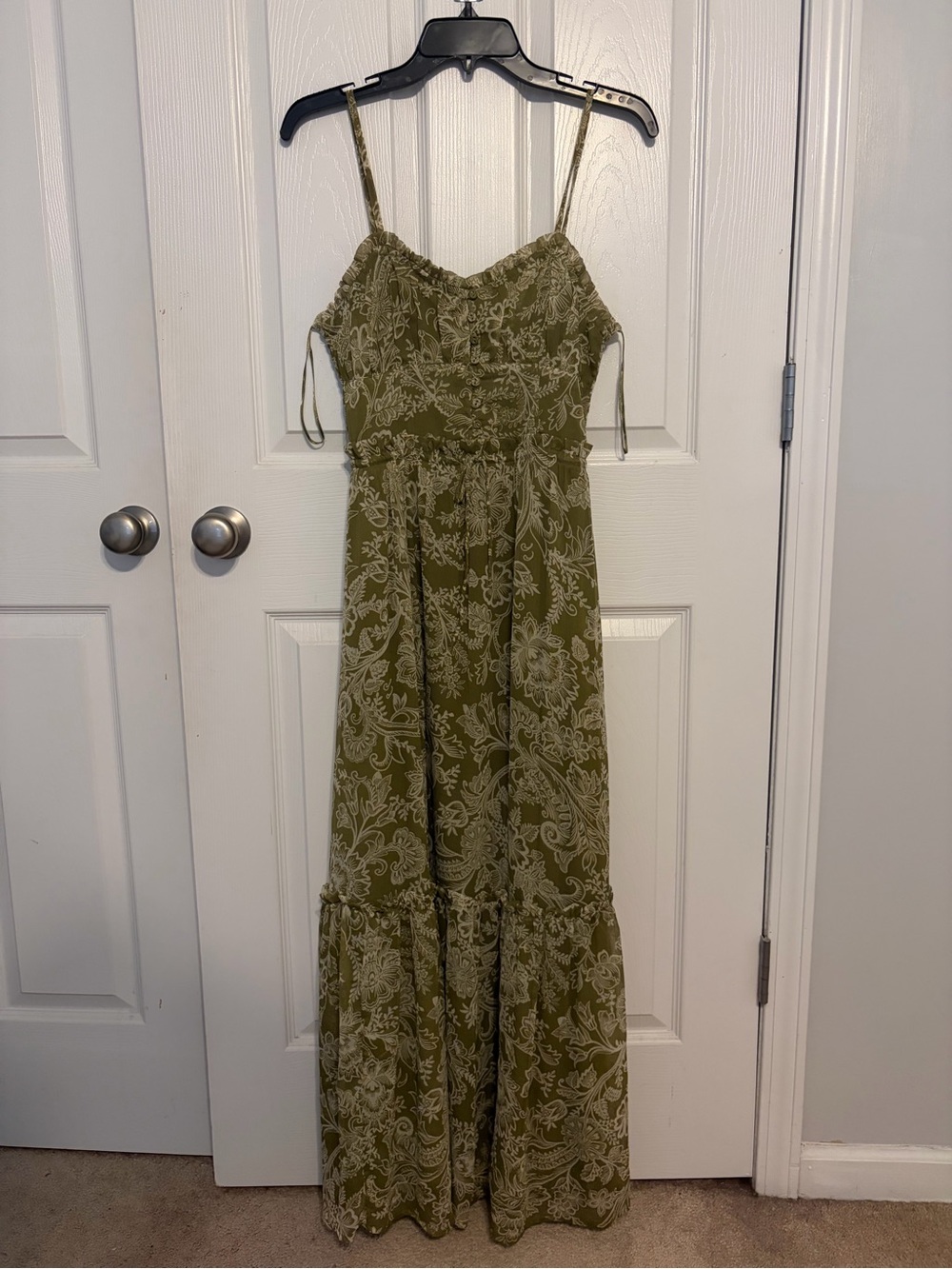 Patrons of Peace Olive Paisley Maxi Dress with Spaghetti Straps